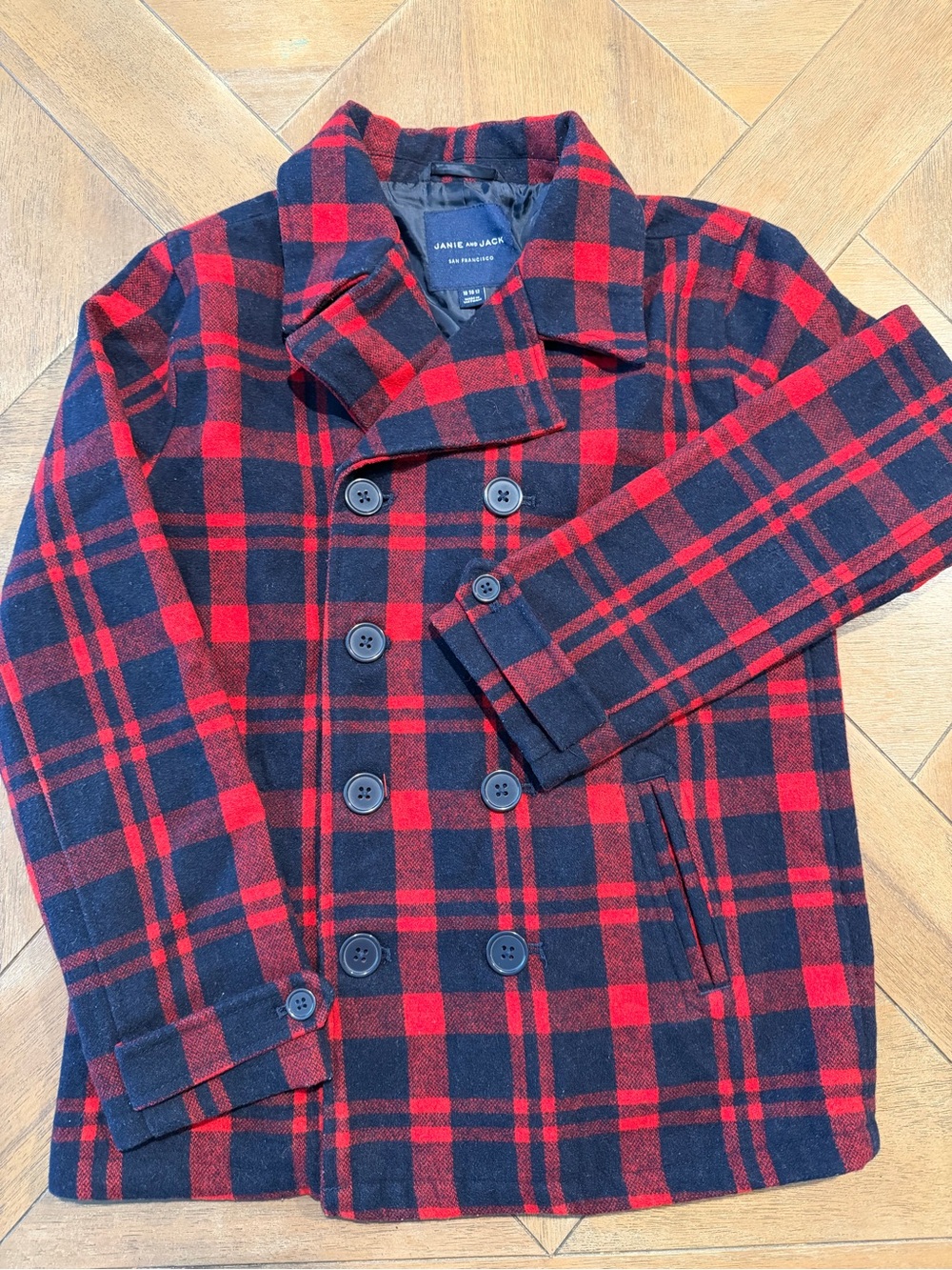 Janie and Jack red and navy blue plaid peacoat in size 10